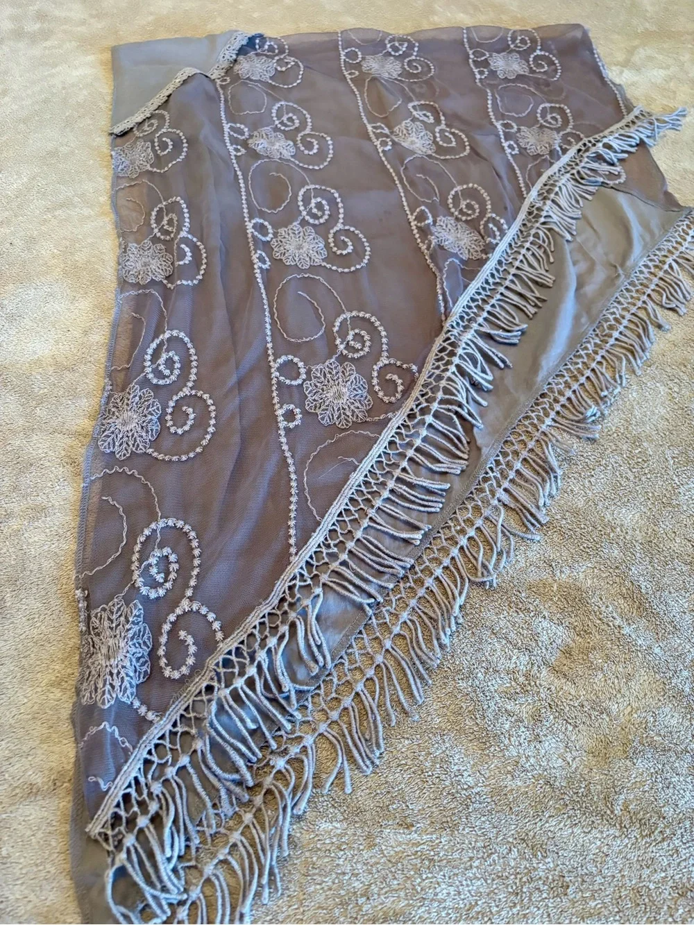 Sheer triangular shawl with Elegant embroidery and fringe taupe/light purple hue